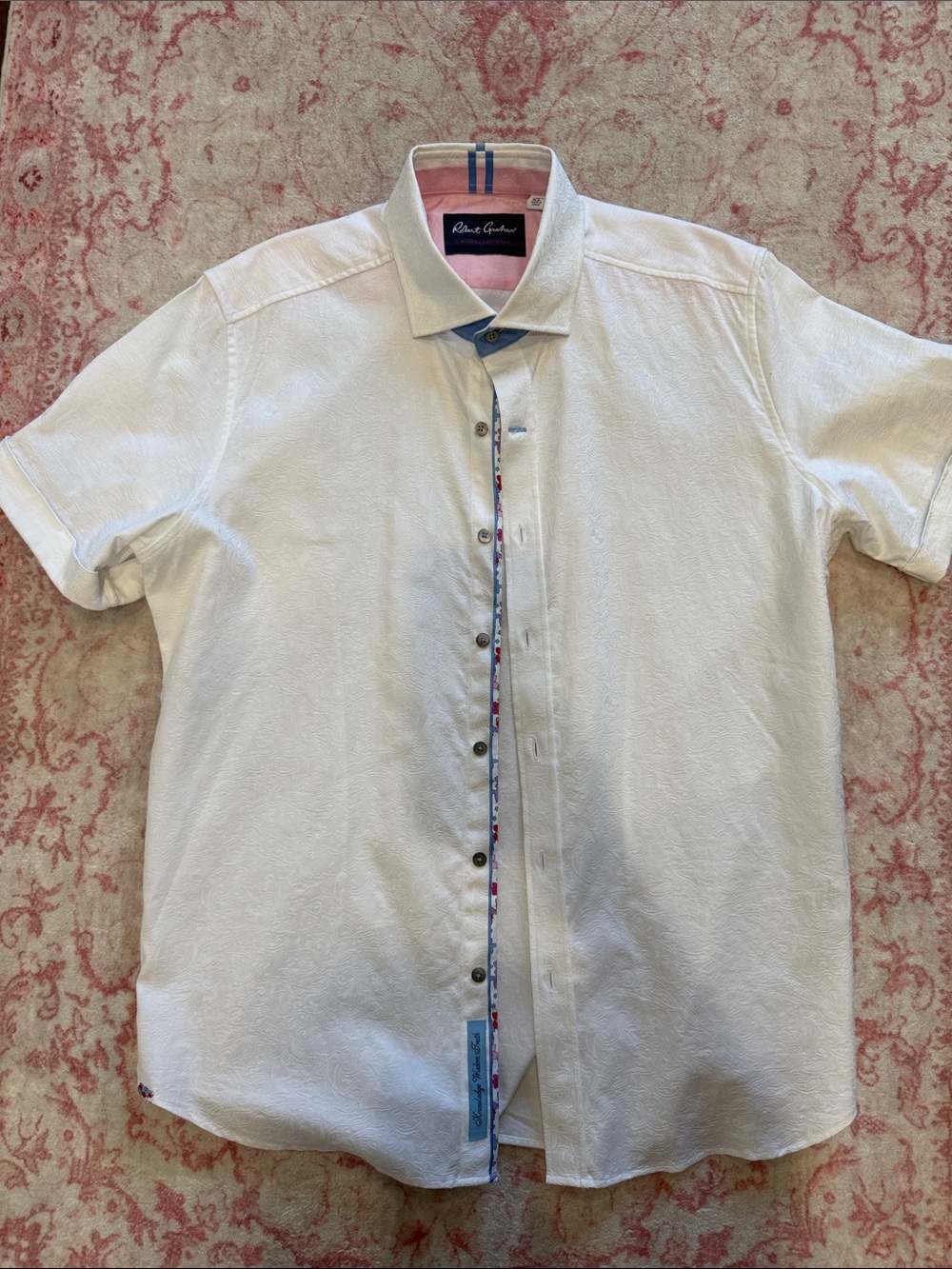 Robert Graham Men’s White Short-Sleeve Textured Button-Down with Contrast Trim